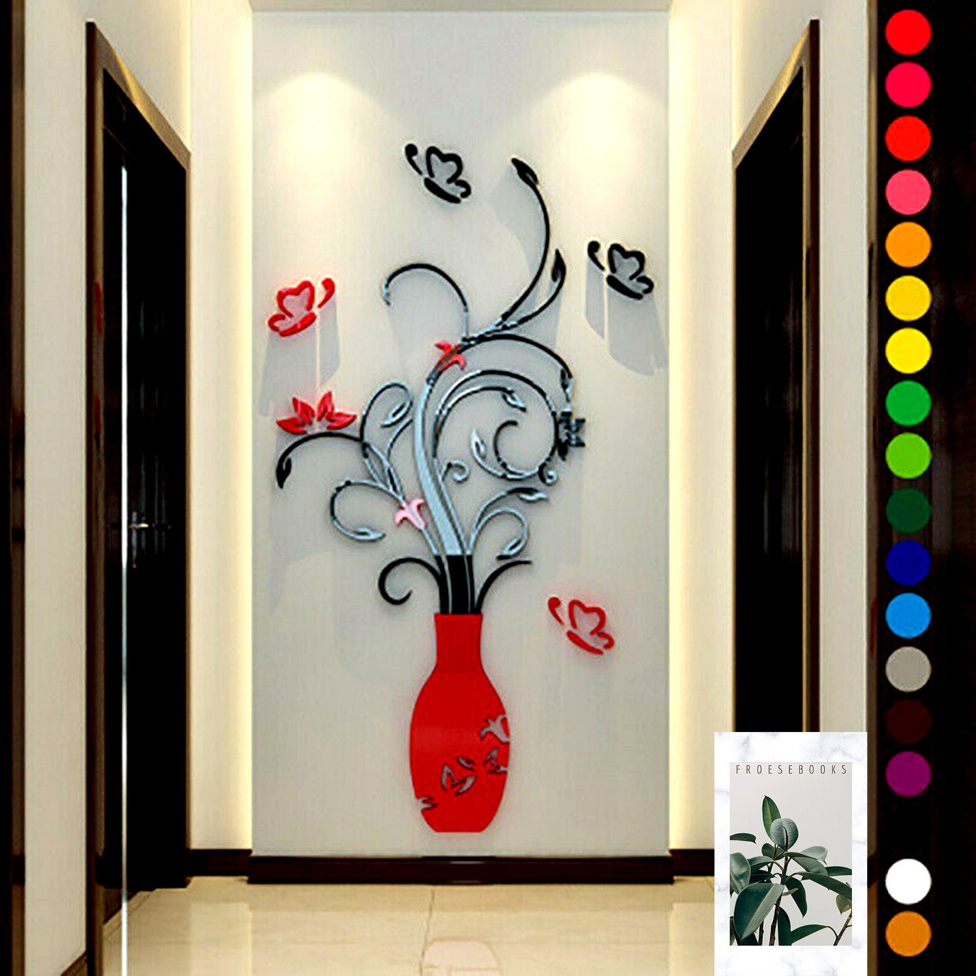 Ofanyia Simulation Plant Vase Wall Stickers Removable 3D Wall Sticker Home Refrigerator Cabinet Decoration DIY Superposition Floral Stickers Self-Adhesive Vase Theme Flower Wall Decal Decor 