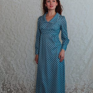 1960s/70s Polka Dot Blue and White Dress, Floor Length, Pioneer style
