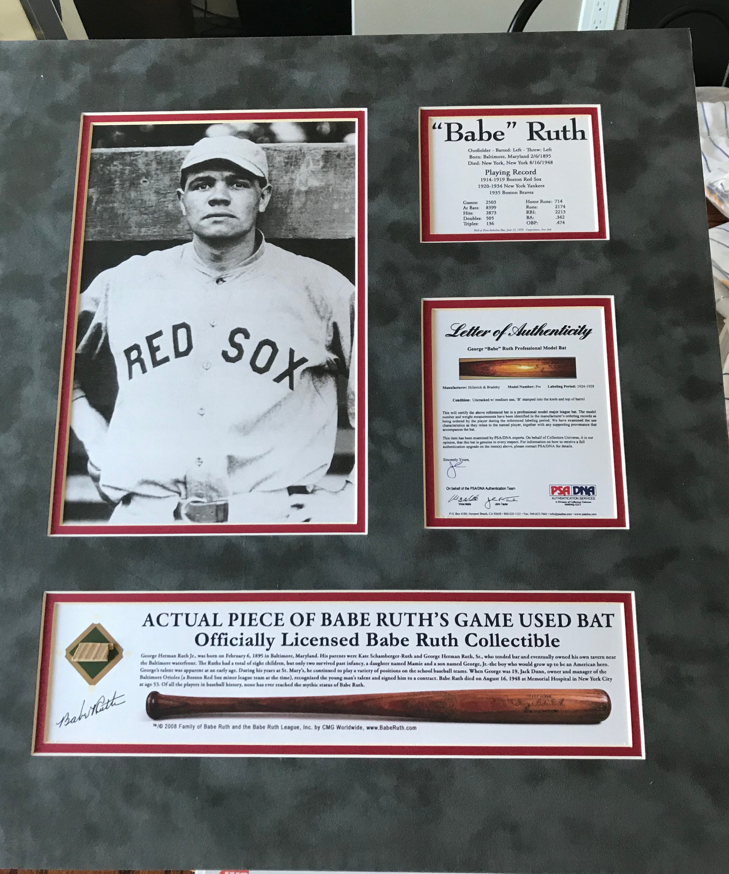 Babe Ruth Boston Red Sox 18x20 Custom Matted Game-used 