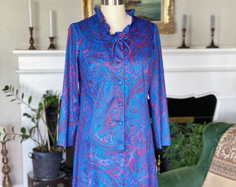 Vintage Blue and Magenta Paisley Dress, size S or M