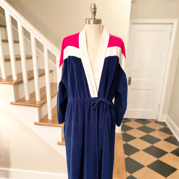 Vintage 70s 80s women's velour robe housecoat, navy blue with hot pink and white stripes, fits M or L, sleepwear