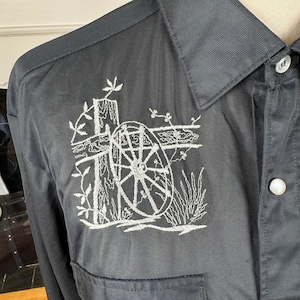 70s Vintage Western Shirt, H Bar C, Pearl Snaps, Embroidered Wagon Wheel, Rockabilly Disco Cowboy, 1970s, Men or Women, Size Medium Large