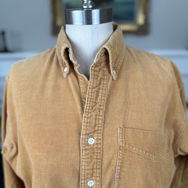 90s Vintage J. Crew Oarsman Shirt, Tan Corduroy Button-Down, 100% Cotton,  Green Label, Size Men's S Women's M Normcore Beige