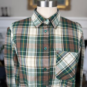 Vintage Plaid Shirt, Green Brown Plaid Button Down Shirt, 70s 80s, Womens Size Medium, Scouts