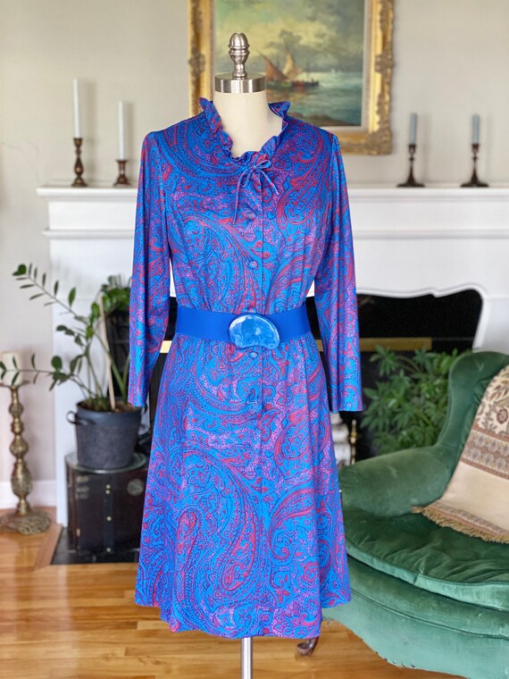 Vintage Blue and Magenta Paisley Dress, size S or… - image 4