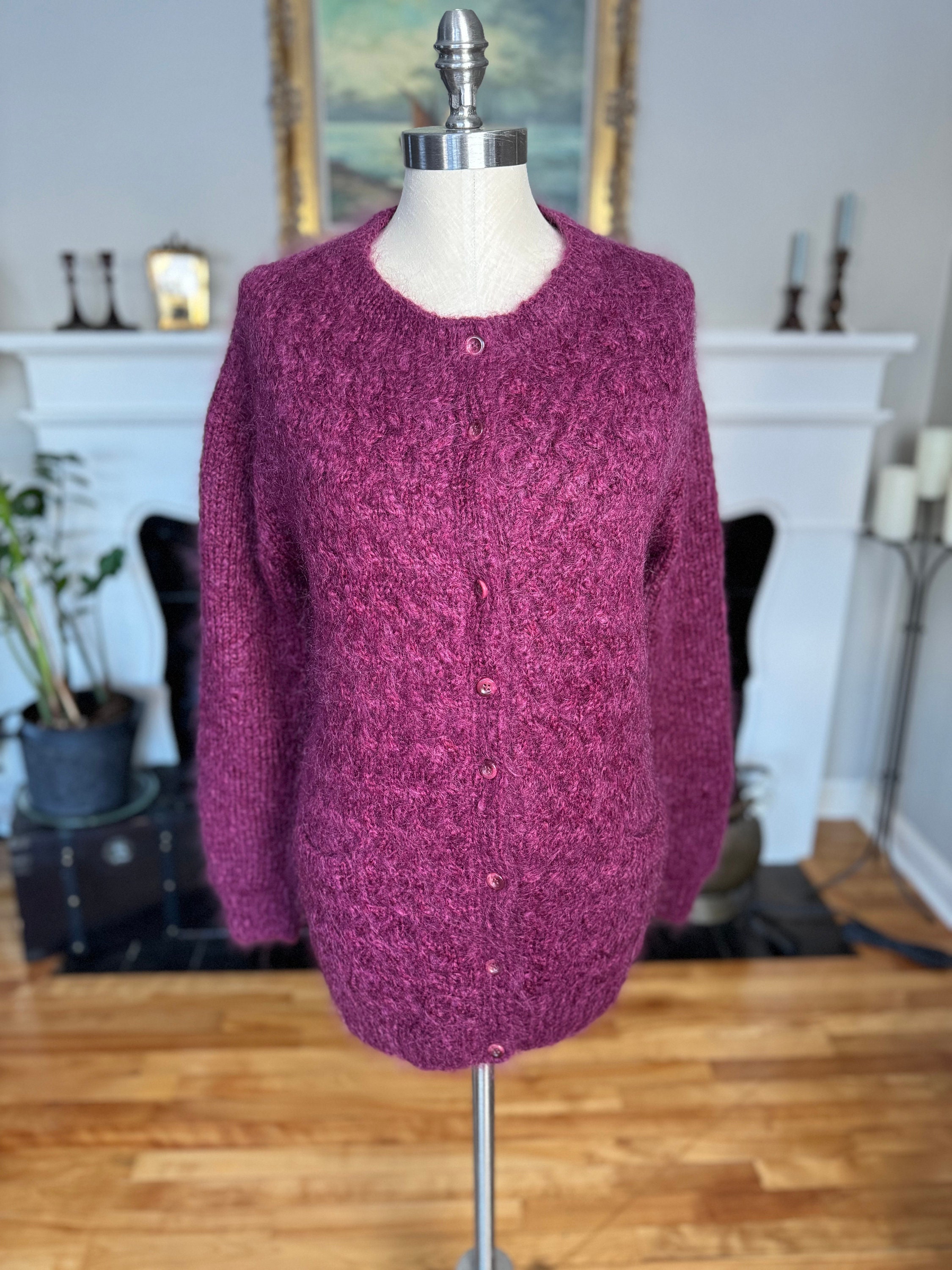Vintage Knit Cardigan, Cozy Purple Knit Sweater, Button Up
