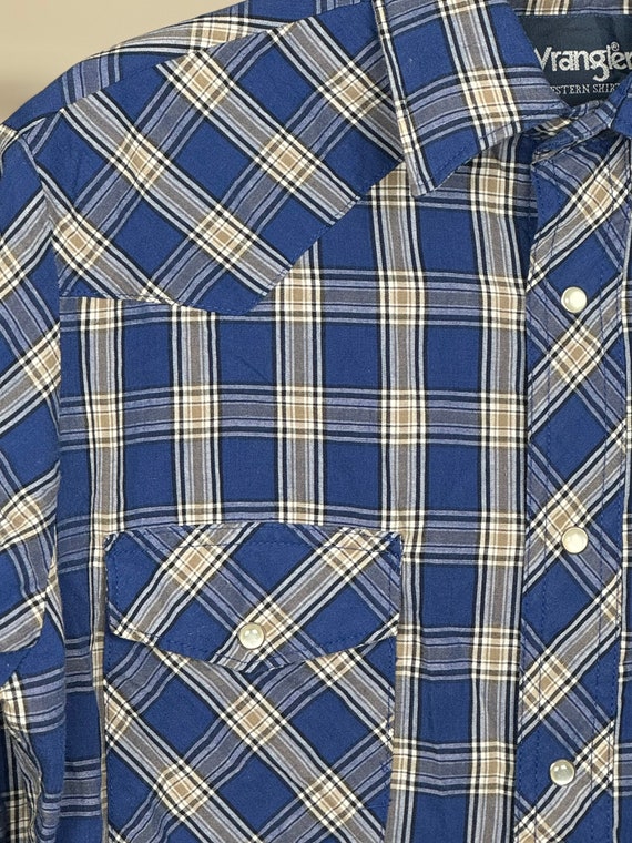 Vintage 90s Wrangler Blue Plaid Western Shirt wit… - image 2