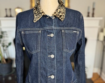 Vintage Denim Jacket, Squeeze by Stephen Hardy, Dark Wash With Leopard Collar and Sleeves, Women's Size M