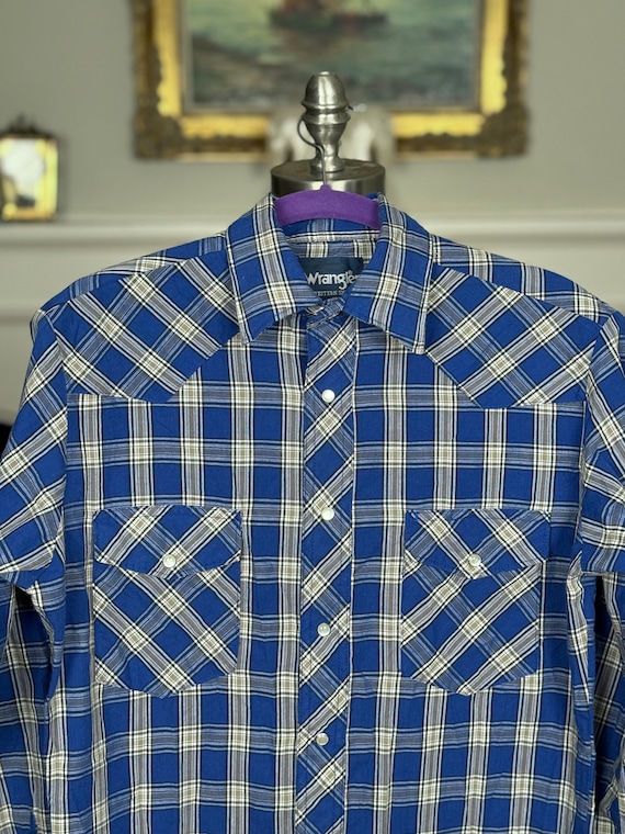 Vintage 90s Wrangler Blue Plaid Western Shirt wit… - image 1