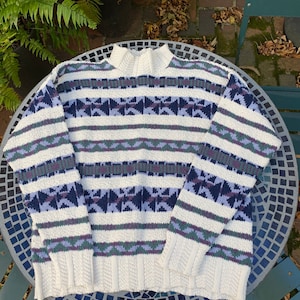 90s Eddie Bauer Cotton Sweater, Vintage Mockneck Geometric Print, Purple, Blue, Made in USA, Natural Fiber Sweater, 1990s, Women&#39;s Size M