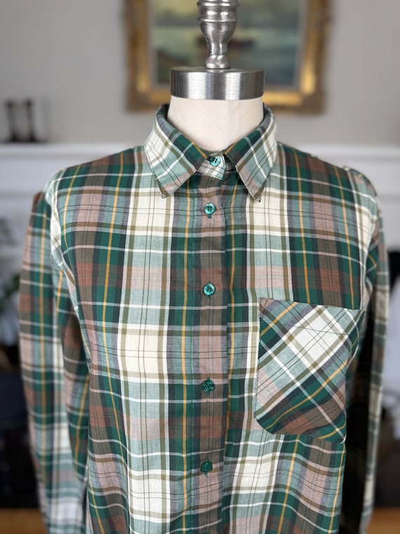 Vintage Green Brown Plaid Button Shirt, Women's M