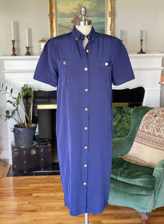 Vintage 1970s Silky Shirt Dress with Gold Penny Bu