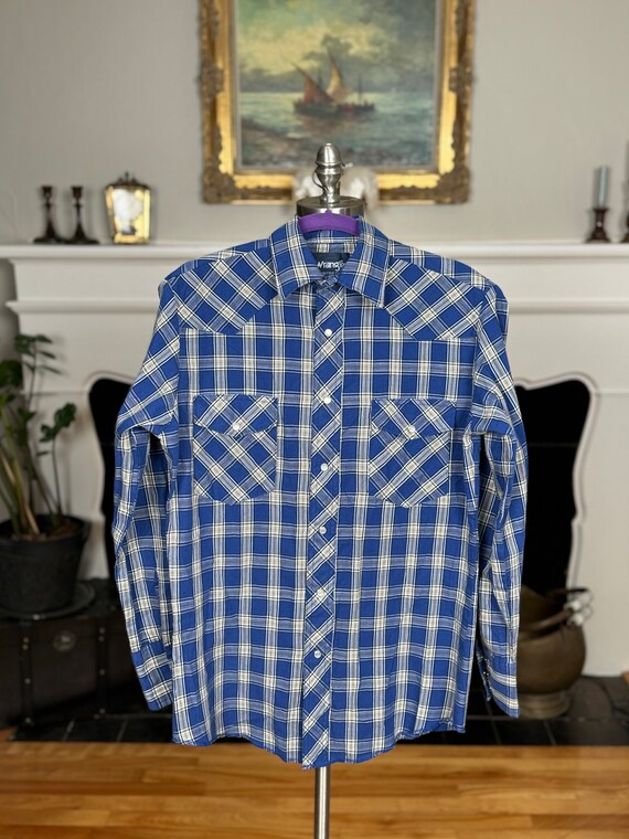 Vintage 90s Wrangler Blue Plaid Western Shirt wit… - image 3