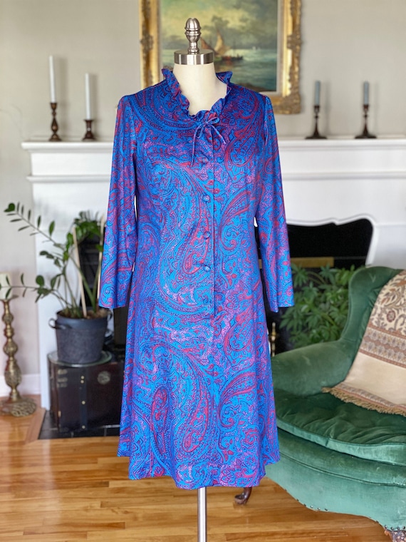 Vintage Blue and Magenta Paisley Dress, size S or… - image 1