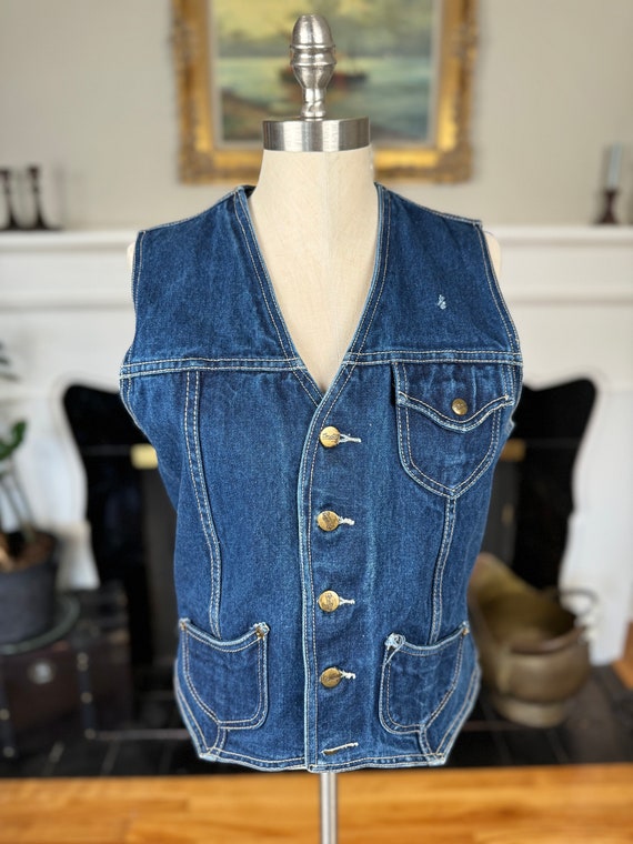 Vintage Denim Vest, Adjustable Back, Size Medium, 