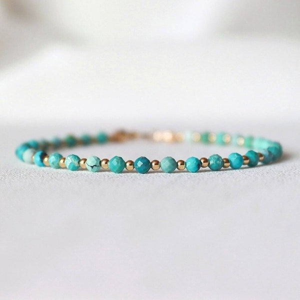 HuBei Turquoise Bracelet, Beaded Gemstone Crystal Bracelet for Women, Dainty 14k Gold Fill Turquoise Bead Bracelet, Turquoise Jewellery