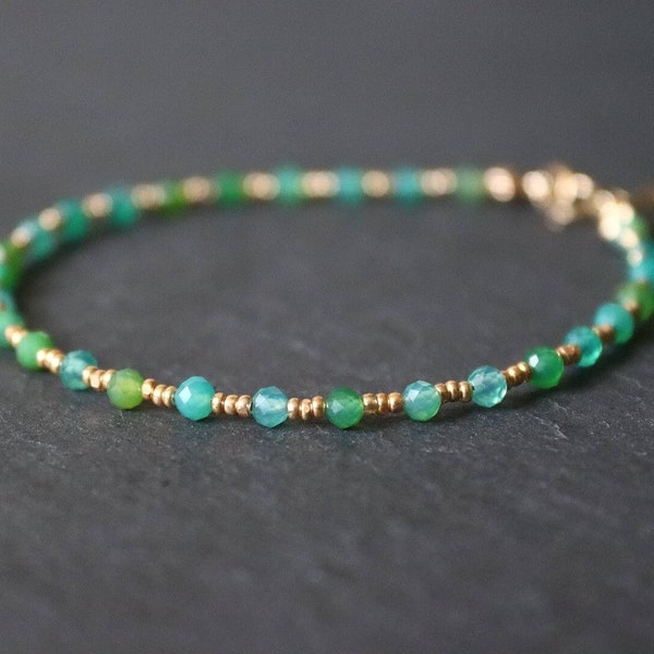 Green Agate Bracelet, Gemstone Crystal Beaded Bracelet for Women, Crystal Jewellery, Dainty Tiny Bead Bracelet for Her, Birthstone Bracelet