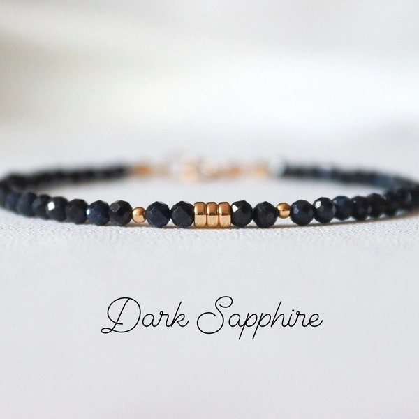 Dark Sapphire Bracelet, Beaded Gemstone Healing Bracelet for Women, Dainty Stacking Layering Birthstone Virgo Bracelet, Sapphire Jewellery