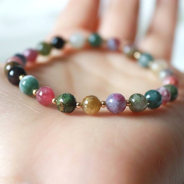 Tourmaline Beaded Bracelet, Gemstone Crystal Bead Bracelet for Women, Tourmaline Jewellery, Yoga Stretch Healing Boho Stacking Bracelet