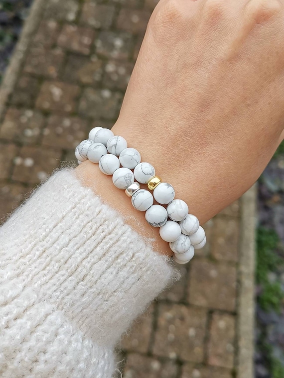 White Marble Howlite Stone Bead Bracelet with Silver Spacers - 10mm