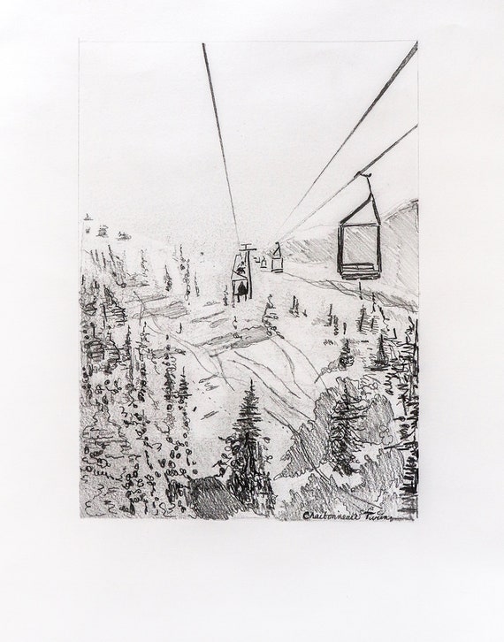 Ski Lift Drawing 5 5 X 8 Black And White Pencil Holiday Etsy