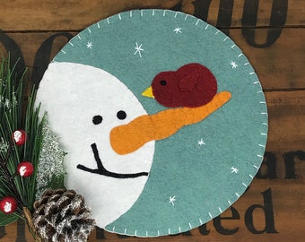 Primitive Stitchery CHRISTMAS Snowman & Cardinal Red Bird Penny Rug ~ WINTER Snow Candle Mat