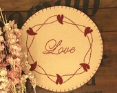 Primitive Stitchery VALENTINES DAY Whimsy Hearts Penny Rug quot Love quot Candle Mat