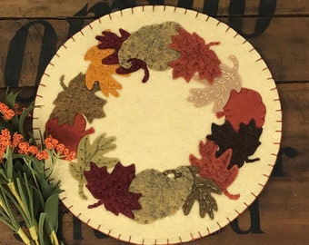 FALL Primitive Stitchery LEAVES Pumpkins CORNUCOPIA Penny Rug ~ Candle Mat