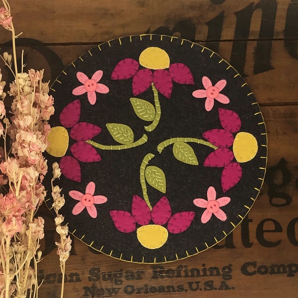 Primitive Stitchery Large Flowers Penny Rug ~ Spring and Summer Candle Mat
