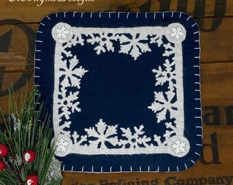 Primitive Square Stitchery WINTER Snow Penny Rug ~ CHRISTMAS Snowflakes Candle Mat