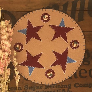 Primitive Stitchery AMERICANA Flags & Stars Penny Rug ~ Candle Mat
