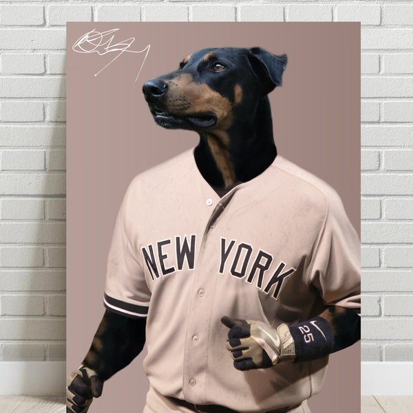 Portrait d’animal de compagnie de baseball personnalisé, Portrait de chien de New York, Portrait d’animal de compagnie drôle, Portrait d’animal de compagnie de sport, Portrait d’animal de compagnie personnalisé, Cadeaux uniques pour animaux de compagnie