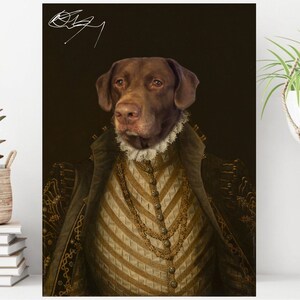 May include: A brown and white dog wearing a gold and white patterned coat with a gold chain necklace. The dog is posed in a portrait style with a dark background.