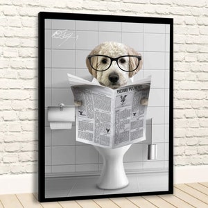 Custom Pet Portrait, Dog Read Newspaper in Toilet, Funny Pet Portrait, Pet Customization, Bathroom Wall Art, Personalized Cat Dog Gift
