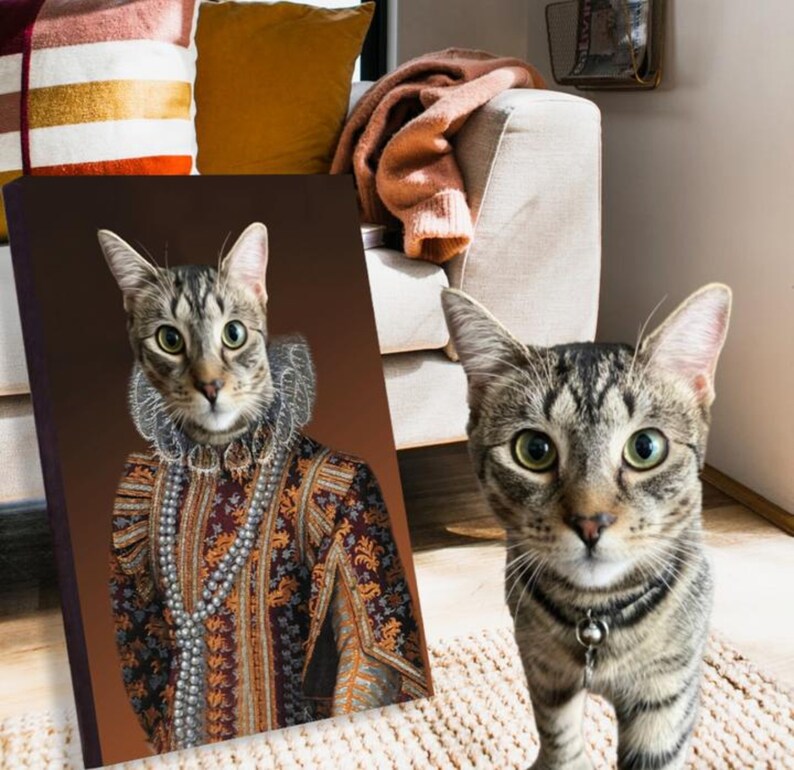 May include: A tabby cat dressed in a brown and gold patterned robe with a pearl necklace and a white lace collar. The cat is looking directly at the camera. The background is a brown canvas.