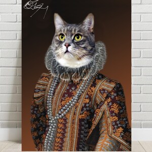 May include: A gray tabby cat wearing a brown and gold patterned dress with a pearl necklace and a white lace collar. The cat has yellow eyes and is looking up.