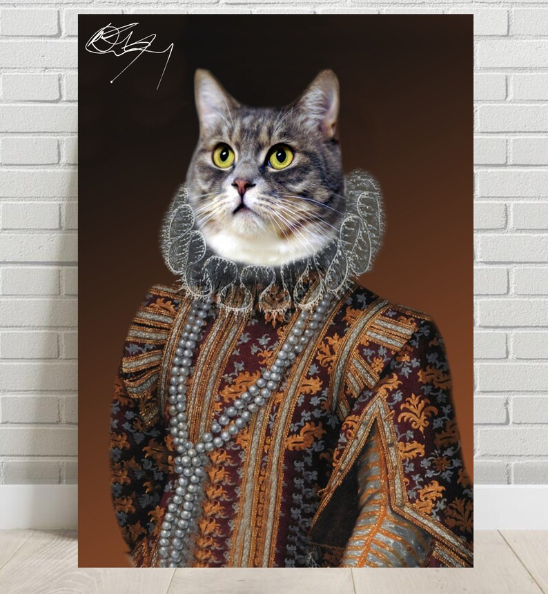 May include: A gray tabby cat wearing a brown and gold patterned dress with a pearl necklace and a white lace collar. The cat has yellow eyes and is looking up.