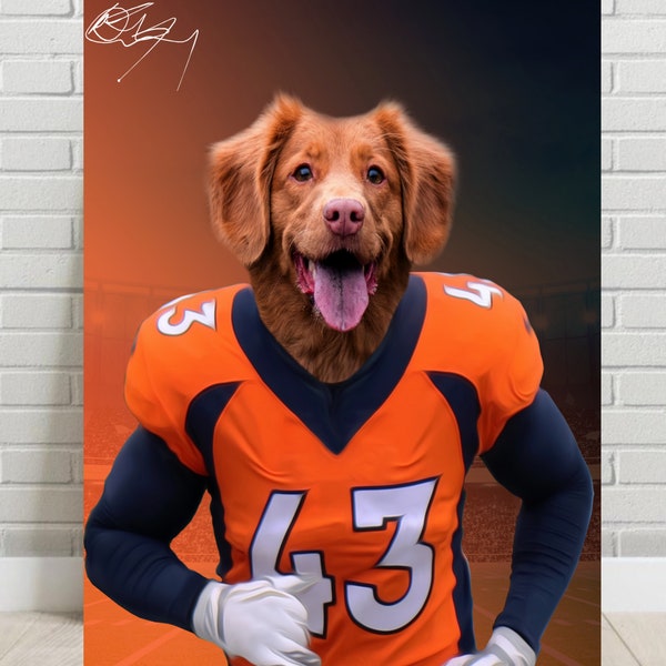 Custom American Football Dog Portrait . Denver Jersey Pet Portrait . Sports Pet Portrait . Custom Pet Portrait . Funny Pet Portrait