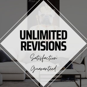 May include: A white couch with black pillows in a modern living room setting. A diamond-shaped graphic overlay with the text "UNLIMITED REVISIONS" and "Satisfaction Guaranteed" is in the center of the image. A potted plant is in the background. The text "PICTURE-PET" is in the bottom right corner of the image.