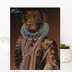 May include: A brown dog wearing a silver and white ruff collar and a gold and burgundy patterned robe with a pearl necklace. The dog is posed in a portrait style with a brown background.