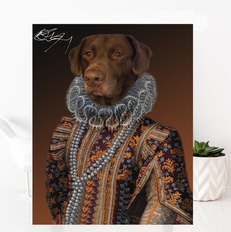 May include: A brown dog wearing a silver and white ruff collar and a gold and burgundy patterned robe with a pearl necklace. The dog is posed in a portrait style with a brown background.