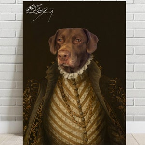 May include: A brown dog wearing a gold and white patterned vest and a gold chain necklace. The dog is dressed in a Renaissance-style portrait.