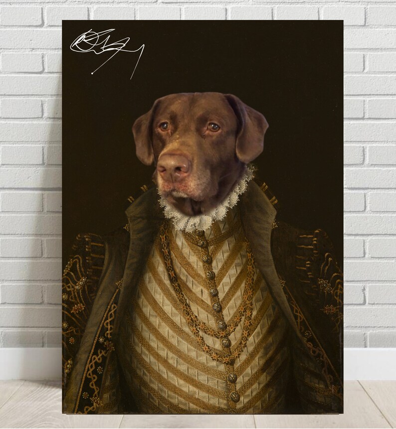 May include: A brown dog wearing a gold and white patterned vest and a gold chain necklace. The dog is dressed in a Renaissance-style portrait.