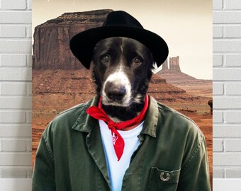 May include: A black and white dog wearing a green jacket, a red bandana, and a black fedora hat. The dog is standing in front of a desert landscape.