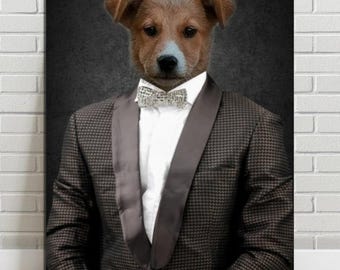 Custom Pet Portrait, Dog in Brown Suit Personalized Art
