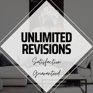 May include: A white couch with black pillows in a modern living room setting. A diamond-shaped graphic overlay with the text "UNLIMITED REVISIONS" and "Satisfaction Guaranteed" is in the center of the image. A potted plant is in the background. The text "PICTURE-PET" is in the bottom right corner of the image.