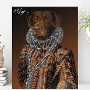 May include: A brown dog wearing a white lace collar and a gold and burgundy patterned robe. The dog is looking directly at the viewer.