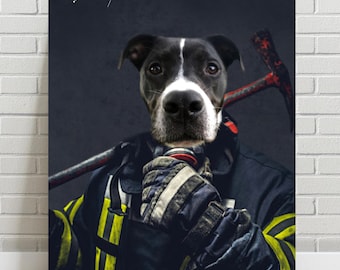 Custom Firefighter Pet Portrait | Personalized Dog & Cat Art | Unique Pet Memorial Illustration | Custom Gift for Pet Lovers
