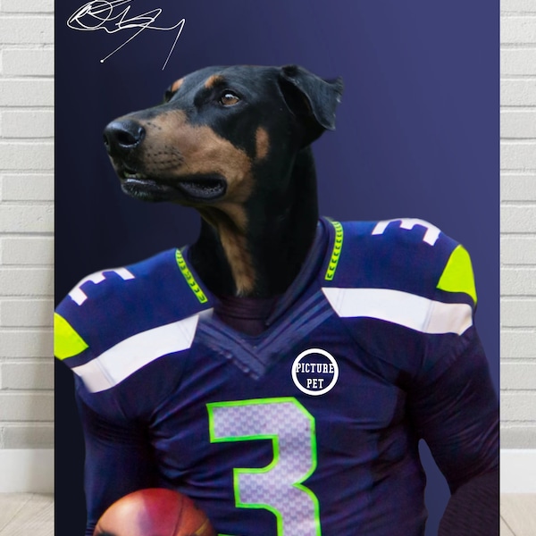 Custom American Football Pet Portrait . Seattle Jersey Dog Portrait . Sports Pet Portrait .Custom Pet Portrait . Funny Pet Portrait