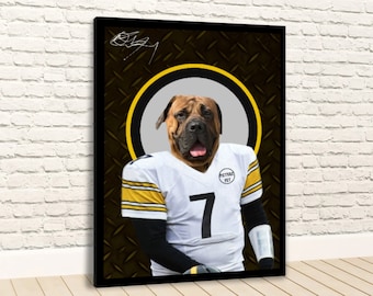 Custom American Football Dog Portrait . Pittsburgh Jersey Pet Portrait . Sports Pet Portrait . Custom Pet Portrait .